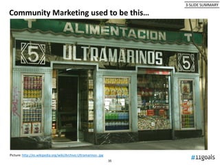 3-SLIDE SUMMARY

Community Marketing used to be this…




Picture: http://es.wikipedia.org/wiki/Archivo:Ultramarinos-.jpg
                                                                  35
 