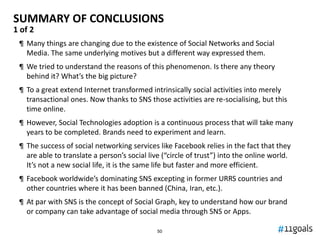 SUMMARY OF CONCLUSIONS
1 of 2
 ¶ Many things are changing due to the existence of Social Networks and Social
   Media. The same underlying motives but a different way expressed them.
 ¶ We tried to understand the reasons of this phenomenon. Is there any theory
   behind it? What’s the big picture?
 ¶ To a great extend Internet transformed intrinsically social activities into merely
   transactional ones. Now thanks to SNS those activities are re-socialising, but this
   time online.
 ¶ However, Social Technologies adoption is a continuous process that will take many
   years to be completed. Brands need to experiment and learn.
 ¶ The success of social networking services like Facebook relies in the fact that they
   are able to translate a person’s social live (“circle of trust”) into the online world.
   It’s not a new social life, it is the same life but faster and more efficient.
 ¶ Facebook worldwide’s dominating SNS excepting in former URRS countries and
   other countries where it has been banned (China, Iran, etc.).
 ¶ At par with SNS is the concept of Social Graph, key to understand how our brand
   or company can take advantage of social media through SNS or Apps.

                                              50
 