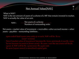Money market  fundMoney market fund is a type of fund that invests money in “money market”.Money market is a market[not necessarily a physical place, it can be a virtual place as well ] where transactions are made through cash or cash equivalent. It lasts for a maximum period of one year. It’s a well organized market that provides short term financial support .   Money market fund are popularly known as “LIQUID FUND”Invests in commercial debt, treasury bills, certificate of deposits, interest rate swaps, collateralized borrowing & lending options for short period of time.The main advantage of liquid fund is its liquidity, i.e. it cant be sold & bought at any pint of time. How is it priced?If fund remains invested in money market instruments more than 182 days its valued as MARK-TO-MARKET & fund that remains invested in money market instruments for less than 182 days  its valued as COST PLUS INTEREST ACCRUED METHOD. INTERNATIONAL  INSTITUTE  FOR  LEARNING  IN  MANAGEMENT
