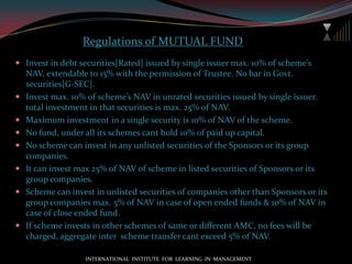 MARK-TO-MARKET: a process to price fund at per the market price prevailing in the market. COST PLUS INTEREST ACCRUED METHOD:Cost price of fund is 25000, rate of interest of instruments where money invested in is 10% per month, invested for 90 days [less than 180 days].	total amount of interest is : 25000 * 10/100 *3/12				=Rs 625So interest per day will be= 625/90 = 6.944 approxPrice of fund=[cost price + days left for redemption * interest per day ]Price of fund as per the method before 60 days before redemption is [25000 + 60 * 6.944]					=25416.66	                                        before 30 days before redemption =25000+30* 6.944		                                                =25208.32INTERNATIONAL  INSTITUTE  FOR  LEARNING  IN  MANAGEMENT