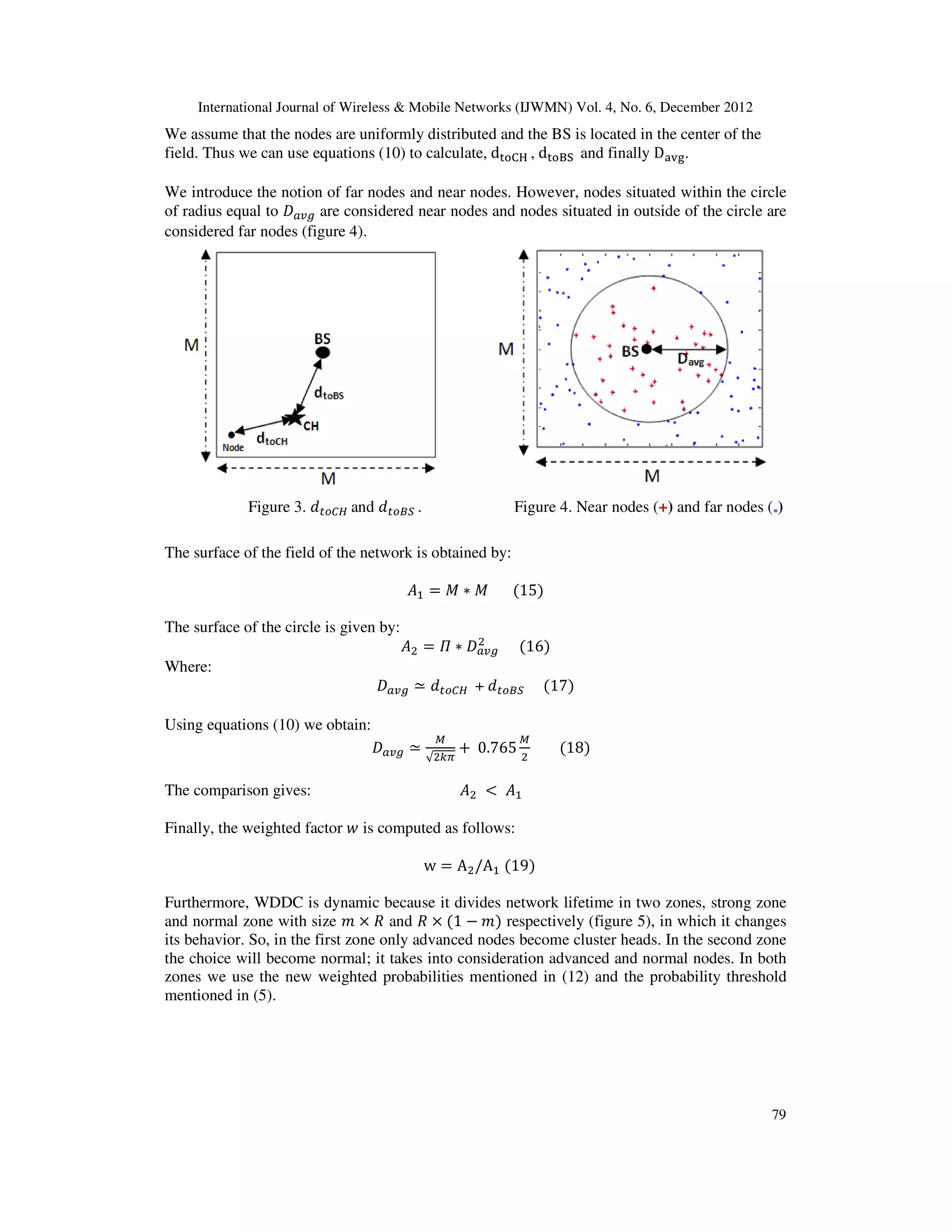International Journal of Wireless & Mobile Networks (IJWMN) Vol. 4, No. 6, December 2012 79 We assume that the nodes are uniformly distributed and the BS is located in the center of the field. Thus we can use equations (10) to calculate, d୲୭େୌ , d୲୭୆ୗ and finally Dୟ୴୥. We introduce the notion of far nodes and near nodes. However, nodes situated within the circle of radius equal to ‫ܦ‬௔௩௚ are considered near nodes and nodes situated in outside of the circle are considered far nodes (figure 4). Figure 3. ݀௧௢஼ு and ݀௧௢஻ௌ . Figure 4. Near nodes (+) and far nodes (....) The surface of the field of the network is obtained by: ‫ܣ‬ଵ ൌ ‫ܯ‬ ‫כ‬ ‫ܯ‬ ሺ15ሻ The surface of the circle is given by: ‫ܣ‬ଶ ൌ ߎ ‫כ‬ ‫ܦ‬௔௩௚ ଶ ሺ16ሻ Where: ‫ܦ‬௔௩௚ ؄ ݀௧௢஼ு + ݀௧௢஻ௌ ሺ17ሻ Using equations (10) we obtain: ‫ܦ‬௔௩௚ ؄ ெ √ଶ௞గ ൅ 0.765 ெ ଶ ሺ18ሻ The comparison gives: ‫ܣ‬ଶ ൏ ‫ܣ‬ଵ Finally, the weighted factor ‫ݓ‬ is computed as follows: w ൌ Aଶ/Aଵ ሺ19ሻ Furthermore, WDDC is dynamic because it divides network lifetime in two zones, strong zone and normal zone with size ݉ ൈ ܴ and ܴ ൈ ሺ1 െ ݉ሻ respectively (figure 5), in which it changes its behavior. So, in the first zone only advanced nodes become cluster heads. In the second zone the choice will become normal; it takes into consideration advanced and normal nodes. In both zones we use the new weighted probabilities mentioned in (12) and the probability threshold mentioned in (5). 
