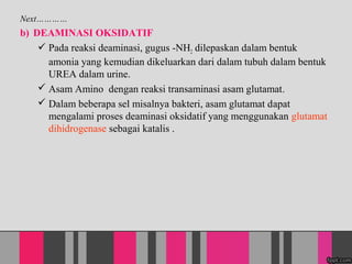 Next
b) DEAMINASI OKSIDATIF
? Pada reaksi deaminasi, gugus -NH2 dilepaskan dalam bentuk
amonia yang kemudian dikeluarkan dari dalam tubuh dalam bentuk
UREA dalam urine.
? Asam Amino dengan reaksi transaminasi asam glutamat.
? Dalam beberapa sel misalnya bakteri, asam glutamat dapat
mengalami proses deaminasi oksidatif yang menggunakan glutamat
dihidrogenase sebagai katalis .
 