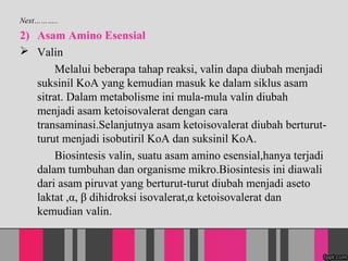 Next..
2) Asam Amino Esensial
? Valin
Melalui beberapa tahap reaksi, valin dapa diubah menjadi
suksinil KoA yang kemudian masuk ke dalam siklus asam
sitrat. Dalam metabolisme ini mula-mula valin diubah
menjadi asam ketoisovalerat dengan cara
transaminasi.Selanjutnya asam ketoisovalerat diubah berturut-
turut menjadi isobutiril KoA dan suksinil KoA.
Biosintesis valin, suatu asam amino esensial,hanya terjadi
dalam tumbuhan dan organisme mikro.Biosintesis ini diawali
dari asam piruvat yang berturut-turut diubah menjadi aseto
laktat ,,  dihidroksi isovalerat, ketoisovalerat dan
kemudian valin.
 