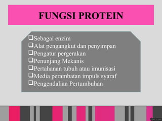 FUNGSI PROTEIN
?Sebagai enzim
?Alat pengangkut dan penyimpan
?Pengatur pergerakan
?Penunjang Mekanis
?Pertahanan tubuh atau imunisasi
?Media perambatan impuls syaraf
?Pengendalian Pertumbuhan
 