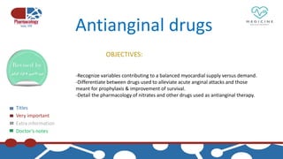 Titles
Very important
Extra information
Doctor’s notes
Antianginal drugs
OBJECTIVES:
-Recognize variables contributing to a balanced myocardial supply versus demand.
-Differentiate between drugs used to alleviate acute anginal attacks and those
meant for prophylaxis & improvement of survival.
-Detail the pharmacology of nitrates and other drugs used as antianginal therapy.
 