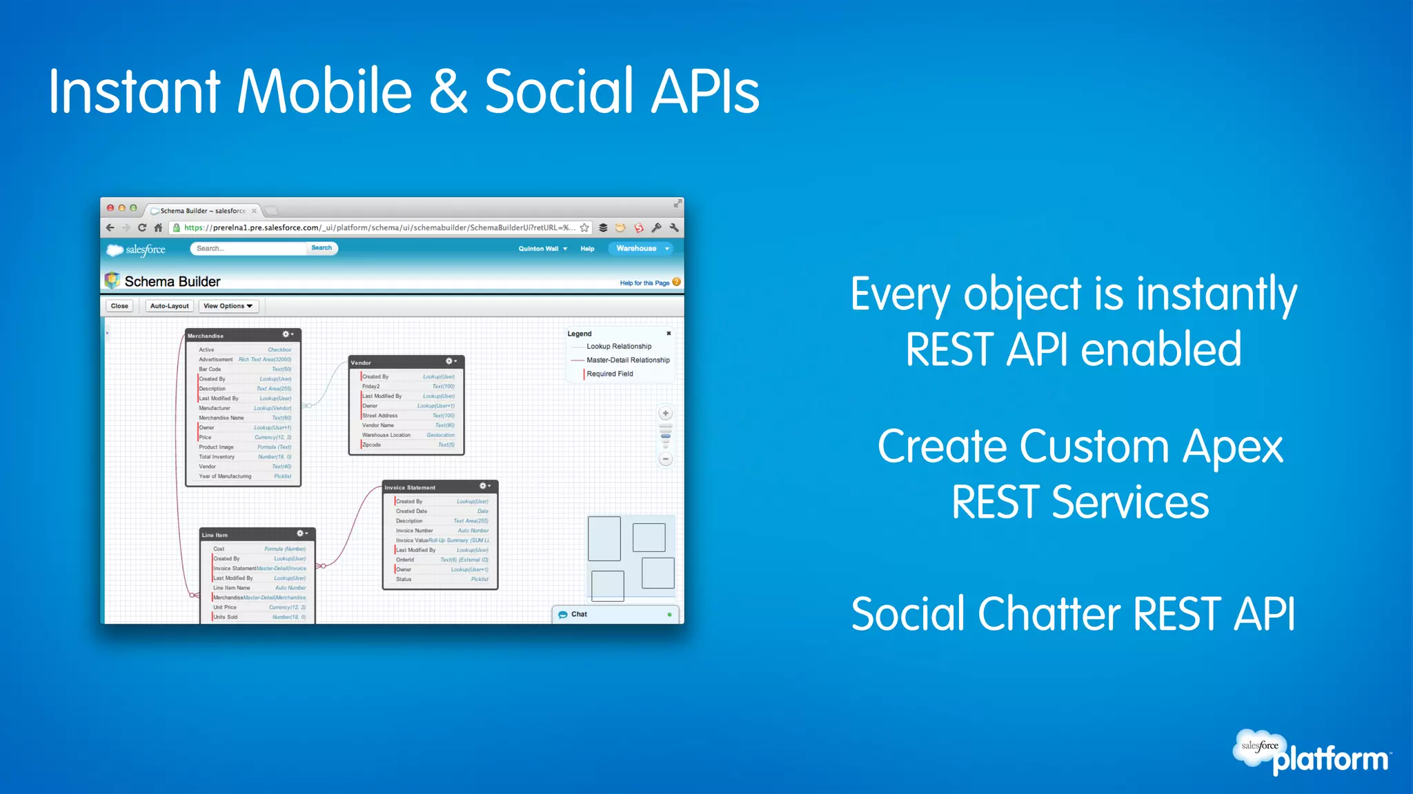 Instant Mobile & Social APIs


                               Every object is instantly
                                  REST API enabled

                                Create Custom Apex
                                   REST Services

                               Social Chatter REST API
 