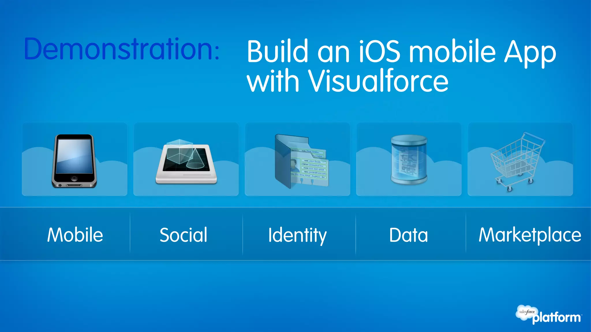 Demonstration: Build an iOS mobile App
               with Visualforce



 Mobile   Social   Identity   Data   Marketplace
 