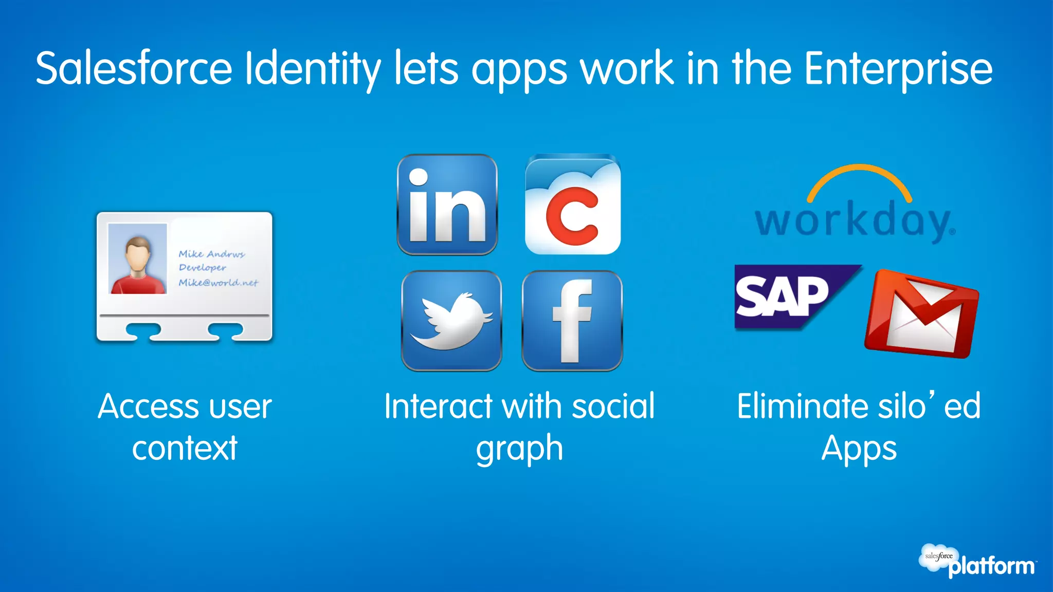 Salesforce Identity lets apps work in the Enterprise




   Access user    Interact with social   Eliminate silo’ed
     context            graph                  Apps
 