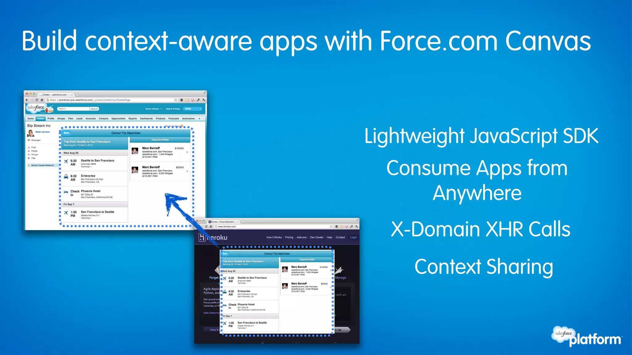 Build context-aware apps with Force.com Canvas


                           Lightweight JavaScript SDK
                             Consume Apps from
                                 Anywhere
                             X-Domain XHR Calls
                                Context Sharing
 