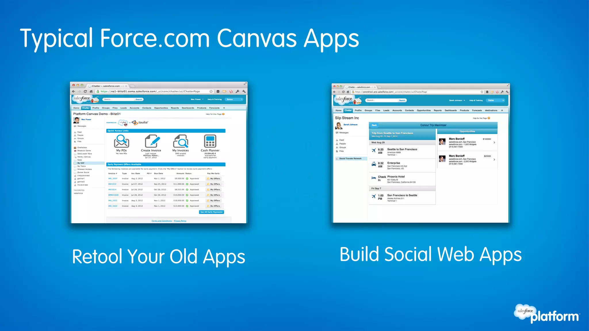 Typical Force.com Canvas Apps




    Retool Your Old Apps   Build Social Web Apps
 