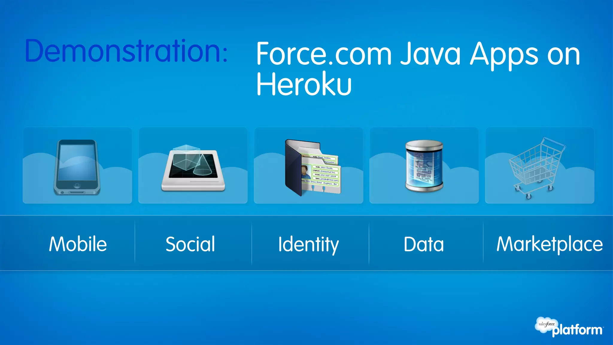 Demonstration: Force.com Java Apps on
               Heroku



 Mobile   Social   Identity   Data   Marketplace
 