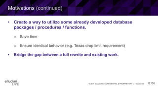 12130© 2015 ELLUCIAN. CONFIDENTIAL & PROPRIETARY | Session ID
Motivations (continued)
• Create a way to utilize some already developed database
packages / procedures / functions.
o Save time
o Ensure identical behavior (e.g. Texas drop limit requirement)
• Bridge the gap between a full rewrite and existing work.
 
