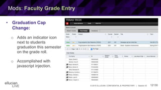 12130© 2015 ELLUCIAN. CONFIDENTIAL & PROPRIETARY | Session ID
Mods: Faculty Grade Entry
• Graduation Cap
Change:
o Adds an indicator icon
next to students
graduation this semester
on the grade roll.
o Accomplished with
javascript injection.
 