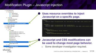 12130© 2015 ELLUCIAN. CONFIDENTIAL & PROPRIETARY | Session ID
Modification Plugin – Javascript Injection
• Uses resource overrides to inject
Javascript on a specific page.
• Javascript and CSS modifications can
be used to change most page behavior.
o Some developer investigation required.
 