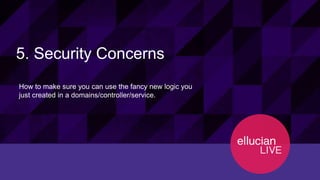 12130© 2015 ELLUCIAN. CONFIDENTIAL & PROPRIETARY | Session ID
5. Security Concerns
How to make sure you can use the fancy new logic you
just created in a domains/controller/service.
 