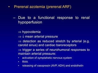 • Prerenal azotemia (prerenal ARF)
– Due to a functional response to renal
hypoperfusion
 hypovolemia
  mean arterial pressure
 detection as reduced stretch by arterial (e.g.
carotid sinus) and cardiac baroreceptors
 trigger a series of neurohumoral responses to
maintain arterial pressure:
• activation of symptahetic nervous system
• RAA
• releasing of vasopresin (AVP, ADH) and endothelin
 