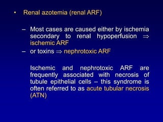 • Renal azotemia (renal ARF)
– Most cases are caused either by ischemia
secondary to renal hypoperfusion 
ischemic ARF
– or toxins  nephrotoxic ARF
Ischemic and nephrotoxic ARF are
frequently associated with necrosis of
tubule epithelial cells – this syndrome is
often referred to as acute tubular necrosis
(ATN)
 