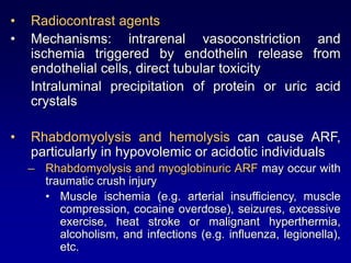 • Radiocontrast agents
• Mechanisms: intrarenal vasoconstriction and
ischemia triggered by endothelin release from
endothelial cells, direct tubular toxicity
Intraluminal precipitation of protein or uric acid
crystals
• Rhabdomyolysis and hemolysis can cause ARF,
particularly in hypovolemic or acidotic individuals
– Rhabdomyolysis and myoglobinuric ARF may occur with
traumatic crush injury
• Muscle ischemia (e.g. arterial insufficiency, muscle
compression, cocaine overdose), seizures, excessive
exercise, heat stroke or malignant hyperthermia,
alcoholism, and infections (e.g. influenza, legionella),
etc.
 
