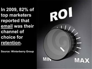 In 2009, 82% of
top marketers
reported that
email was their
channel of
choice for
retention.
Source: Winterberry Group
 