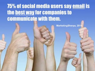 75% of social media users say email is
the best way for companies to
communicate with them.
                      MarketingSherpa, 2010
 