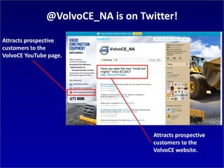 @VolvoCE_NA is on Twitter!

Attracts prospective
customers to the
VolvoCE YouTube page.




                                    Attracts prospective
                                    customers to the
                                    VolvoCE website.
 