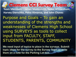 Clemens CCI Survey Team
Team Members – James Monosmith, Helen Whisenhunt,
Harvey Dierschke, Petra Almanza, and John Chavez
Purpose and Goals – To gain an
understanding of the strengths and
weaknesses of Clemens High School
using SURVEYS as tools to collect
input from FACULTY, STAFF,
STUDENTS, PARENTS, COMMUNITY
We need input of topics to place in the surveys. Submit
topic ideas for the survey to the Survey Team or write
them on a note for the Parking Lot box.
 