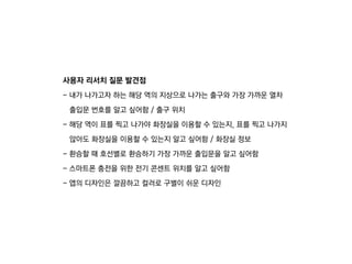 사용자 리서치 질문 발견점
- 내가 나가고자 하는 해당 역의 지상으로 나가는 출구와 가장 가까운 열차
출입문 번호를 알고 싶어함 / 출구 위치
- 해당 역이 표를 찍고 나가야 화장실을 이용할 수 있는지, 표를 찍고 나가지
않아도 화장실을 이용할 수 있는지 알고 싶어함 / 화장실 정보
- 환승할 때 호선별로 환승하기 가장 가까운 출입문을 알고 싶어함
- 스마트폰 충전을 위한 전기 콘센트 위치를 알고 싶어함
- 앱의 디자인은 깔끔하고 컬러로 구별이 쉬운 디자인
 