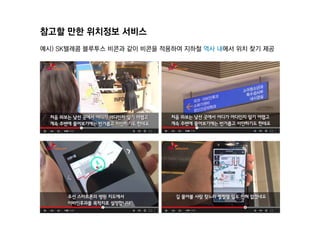 참고할 만한 위치정보 서비스
예시) SK텔레콤 블루투스 비콘과 같이 비콘을 적용하여 짶철 역사 내에서 위치 찾기 제공
 