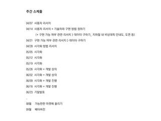 주간 스케줄
04/07 사용자 리서치
04/14 사용자 리서치 + 기술자와 구현 방법 정하기
(+ 구현 가능 여부 관련 리서치 > 데이터 구하기_ 짶철 내 비상대피 안내도, 도면 등)
04/21 구현 가능 여부 관련 리서치 > 데이터 구하기
04/28 시각화 방법 리서치
05/05 시각화
05/12 시각화
05/19 시각화
05/26 시각화 + 개발 상의
06/02 시각화 + 개발 상의
06/09 시각화 + 개발 진행
06/16 시각화 + 개발 진행
06/23 기말발표
.
08월 가능한한 마켓에 올리기
09월 베타버전
 
