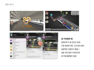 3D 짶철역 앱
업데이트가 잘 안되고 3D로
구현 완료된 역도 그리 많지 않아
실질적인 사용자가 없음 /
정돈 되지 않은 디자인으로
보기에 불편함이 있음
경쟁사 분석 >
 