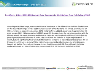 DRAMeXchange             Dec. 13th, 2011



TrendForce: 1HDec. DDR3 4GB Contract Price Decreases by 6%, 2Gb Spot Price Falls Below US$0.9




  According to DRAMeXchange, a research division of TrendForce, as the effects of the Thailand flood disaster
  on the HDD industry linger and the traditional slow season for PC shipments has arrived, contract price for
  1HDec. remains on a downtrend. Average DDR3 4GB price fell to US$16.5, a decrease of approximately 6%,
  while average DDR3 2GB price reached US$9.25, a near 3% decrease. From the market perspective, with the
  holidays around the corner, European and American clients are returning home mid-month; thus, contract
  price negotiations were concluded in 1HDec. The Asia market will continue to negotiate prices twice a
  month, but with significantly fewer concluded transactions compared to November, contract price is still on
  the downtrend. However, as many DRAM makers have announced production cuts, the price decreases
  have shrunk slightly. The results of the capacity cuts should be seen in 1H12. Thus, although the DRAM
  market will remain in a state of oversupply for the rest of 2011, the outlook is optimistic for 2012.




                                                                                               www.trendforce.com
 
