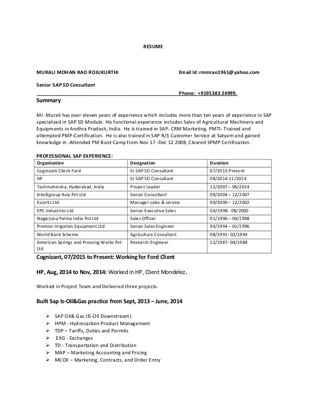 sap sd sample resume