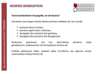 Ikuspegi konduktista

                                                                                                                Ikuspegi kognitiboak


                                                 Teoria konduktisten ikuspegitik, zer da ikastea?
Ikas irakaskuntzari buruzko IKUSPEGI TEORIKOAK




                                                 Aurrekoan esan dugun bezala ikastea portaera aldaketa da, hau izanda:

                                                        portaera berria sortzea,
                                                        portaera egoki baten indartzea,
                                                        desegokia den portaera bat gutxitzea,
                                                        desegokia den portaera bat desagertzea.

                                                 Hezkuntza     prozesuan,    oro     har,   Aprendizaia     portaera,      baita
                                                 gertakizunen, trebetasunen eta kontzeptuen hartzea da.

                                                 Praktika gidatuaren bidez, ariketen bidez (errefortzu eta zigorren emate
                                                 sistematikoen bidez) lortzen da
 