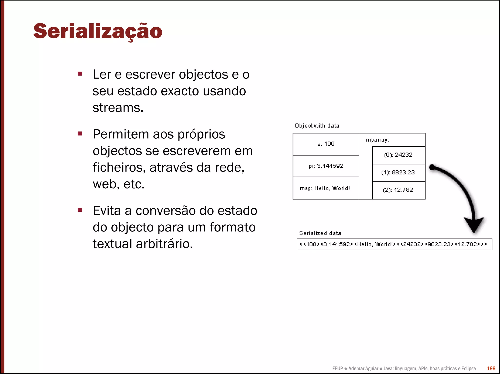 FEUP ● Ademar Aguiar ● Java: linguagem, APIs, boas práticas e Eclipse 199
Serialização
Ler e escrever objectos e o
seu estado exacto usando
streams.
Permitem aos próprios
objectos se escreverem em
ficheiros, através da rede,
web, etc.
Evita a conversão do estado
do objecto para um formato
textual arbitrário.
 