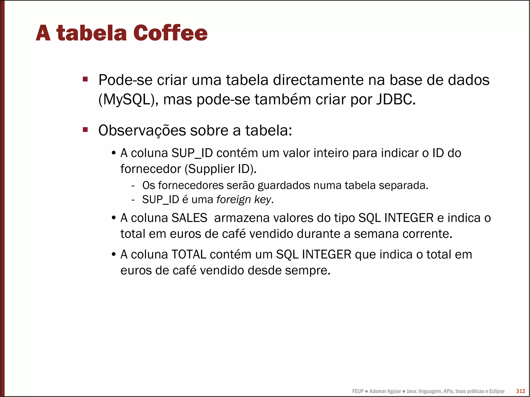FEUP ● Ademar Aguiar ● Java: linguagem, APIs, boas práticas e Eclipse 312
A tabela Coffee
Pode-se criar uma tabela directamente na base de dados
(MySQL), mas pode-se também criar por JDBC.
Observações sobre a tabela:
• A coluna SUP_ID contém um valor inteiro para indicar o ID do
fornecedor (Supplier ID).
- Os fornecedores serão guardados numa tabela separada.
- SUP_ID é uma foreign key.
• A coluna SALES armazena valores do tipo SQL INTEGER e indica o
total em euros de café vendido durante a semana corrente.
• A coluna TOTAL contém um SQL INTEGER que indica o total em
euros de café vendido desde sempre.
 
