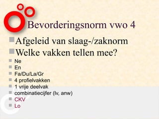 Bevorderingsnorm vwo 4
Afgeleid van slaag-/zaknorm
Welke vakken tellen mee?
   Ne
   En
   Fa/Du/La/Gr
   4 profielvakken
   1 vrije deelvak
   combinatiecijfer (lv, anw)
   CKV
   Lo
 