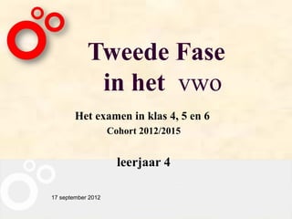 Tweede Fase
             in het vwo
        Het examen in klas 4, 5 en 6
                    Cohort 2012/2015


                      leerjaar 4

17 september 2012
 