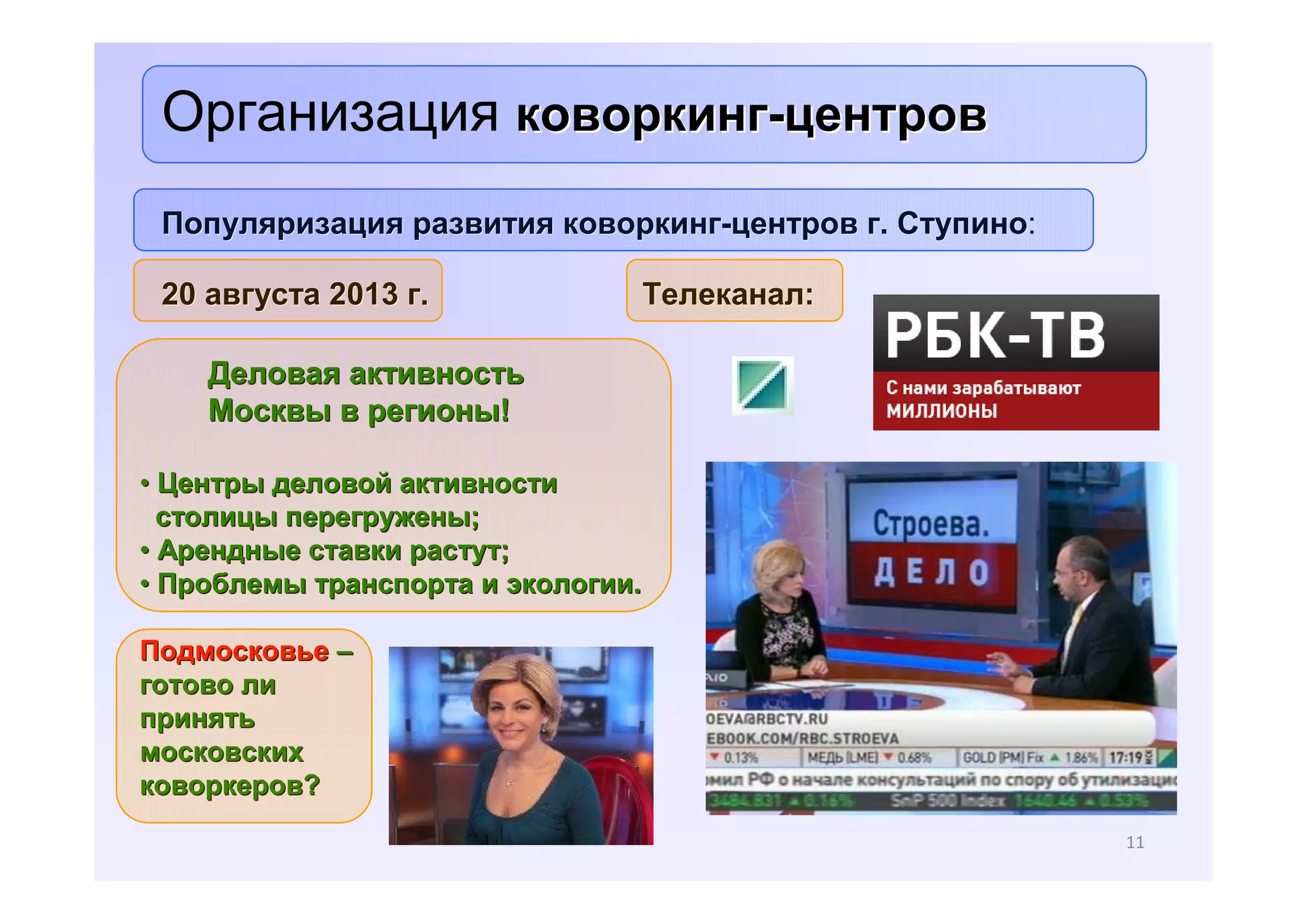 Организация коворкинг-центров
Популяризация развития коворкинг-центров г. Ступино:
Ступино
20 августа 2013 г.

Телеканал:

Деловая активность
Москвы в регионы!
• Центры деловой активности
столицы перегружены;
• Арендные ставки растут;
• Проблемы транспорта и экологии.
Подмосковье –
готово ли
принять
московских
коворкеров?
11

 