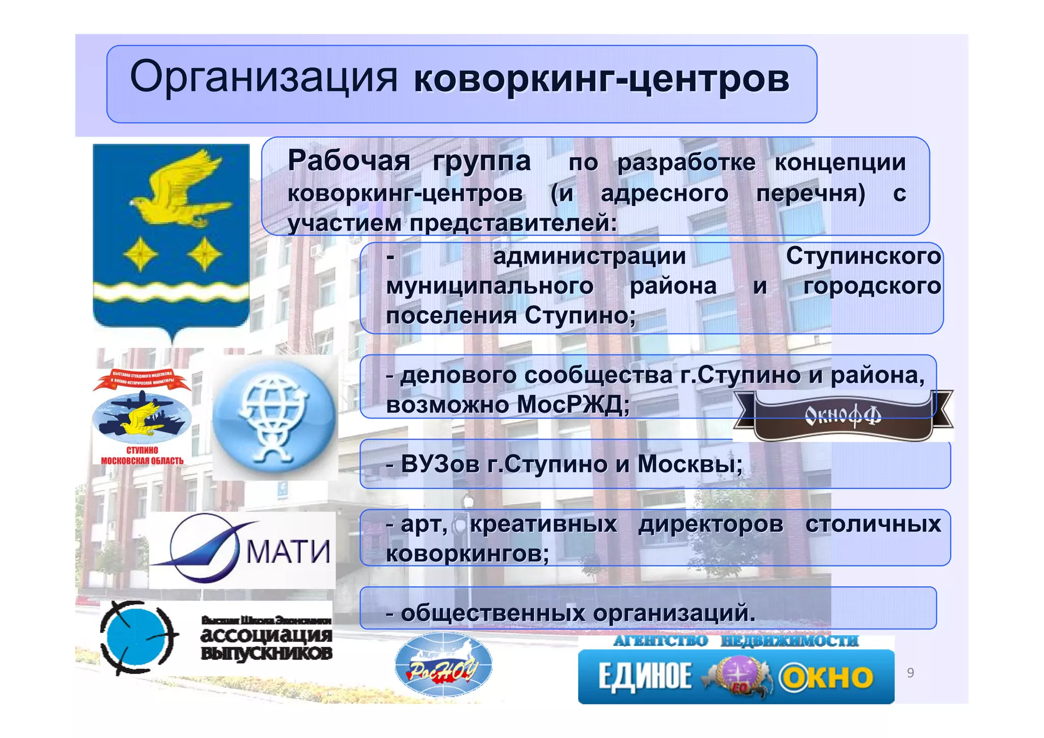 Организация коворкинг-центров
Рабочая группа

по разработке концепции
коворкинг-центров (и адресного перечня) с
участием представителей:
администрации
Ступинского
муниципального района и городского
поселения Ступино;
- делового сообщества г.Ступино и района,
возможно МосРЖД;
- ВУЗов г.Ступино и Москвы;
- арт, креативных директоров столичных
коворкингов;
- общественных организаций.
9

 