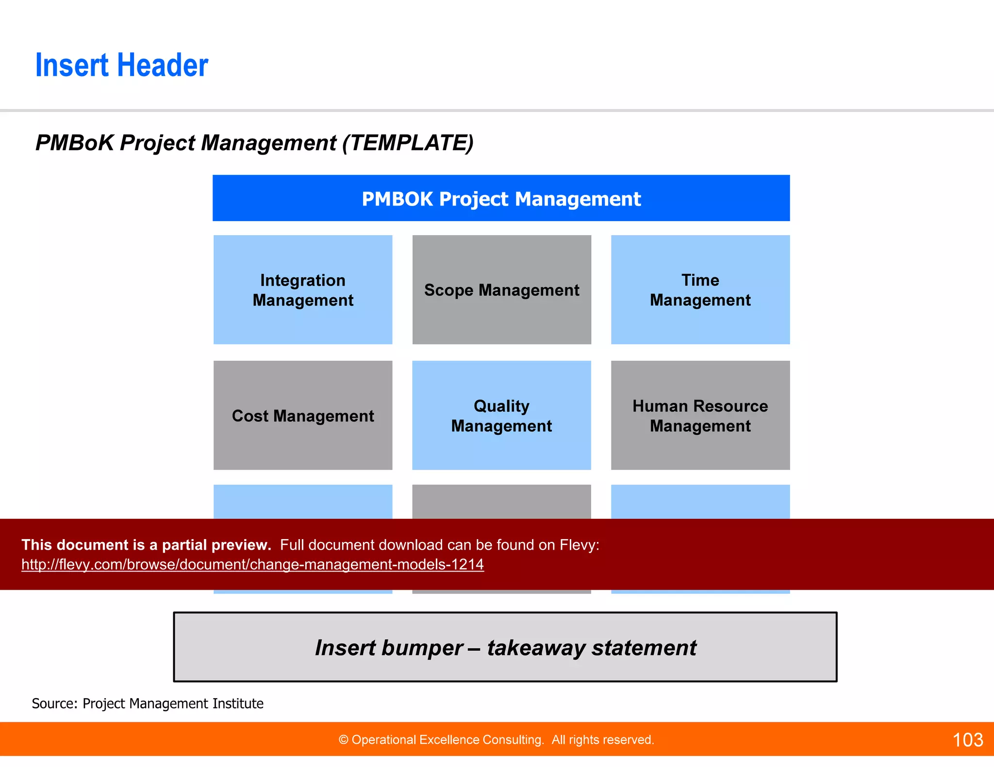 © Operational Excellence Consulting. All rights reserved. 103
Insert Header
Insert bumper – takeaway statement
PMBoK Project Management (TEMPLATE)
Integration
Management
Integration
Management
Scope ManagementScope Management
Time
Management
Time
Management
Cost ManagementCost Management
Quality
Management
Quality
Management
Human Resource
Management
Human Resource
Management
Communication
Management
Communication
Management
Risk
Management
Risk
Management
Procurement
Management
Procurement
Management
PMBOK Project ManagementPMBOK Project Management
Source: Project Management Institute
This document is a partial preview. Full document download can be found on Flevy:
http://flevy.com/browse/document/change-management-models-1214
 