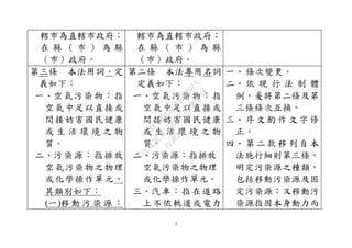 2
轄市為直轄市政府；
在 縣 （ 市 ） 為 縣
（巿）政府。
轄市為直轄市政府；
在 縣 （ 市 ） 為 縣
（巿）政府。
第三條 本法用詞，定
義如下：
一、空氣污染物：指
空氣中足以直接或
間接妨害國民健康
或 生 活 環 境 之 物
質。
二、污染源：指排放
空氣污染物之物理
或化學操作單元，
其類別如下：
(一)移 動 污 染 源 ：
第二條 本法專用名詞
定義如下：
一、空氣污染物：指
空氣中足以直接或
間接妨害國民健康
或 生 活 環 境 之 物
質。
二、污染源：指排放
空氣污染物之物理
或化學操作單元。
三、汽車：指在道路
上不依軌道或電力
一、 條次變更。
二、 依 現 行 法 制 體
例，爰將第二條及第
三條條次互換。
三、 序 文 酌 作 文 字 修
正。
四、 第 二 款 移 列 自 本
法施行細則第三條，
明定污染源之種類，
包括移動污染源及固
定污染源；又移動污
染源指因本身動力而
行
政
院
行
政
院
第
3580次
院
會
會
議
DC991CAD4AC0FD1A
 