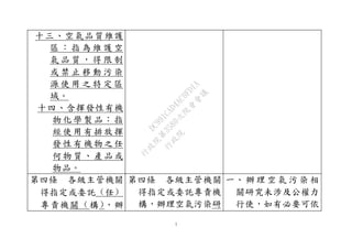 7
十三、空氣品質維護
區 ： 指 為 維 護 空
氣 品 質 ， 得 限 制
或 禁 止 移 動 污 染
源 使 用 之 特 定 區
域。
十四、含揮發性有機
物化學製品：指
經使用有排放揮
發性有機物之任
何物質、產品或
物品。
第四條 各級主管機關
得指定或委託（任）
專責機關（構），辦
第四條 各級主管機關
得指定或委託專責機
構，辦理空氣污染研
一、 辦 理 空 氣 污 染 相
關研究未涉及公權力
行使，如有必要可依
行
政
院
行
政
院
第
3580次
院
會
會
議
DC991CAD4AC0FD1A
 