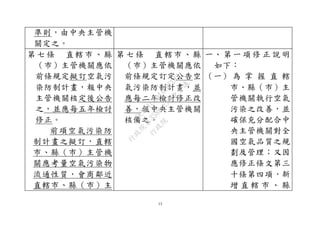13
準則，由中央主管機
關定之。
第 七 條 直轄 市 、縣
（巿）主管機關應依
前條規定擬訂空氣污
染防制計畫，報中央
主管機關核定後公告
之，並應每五年檢討
修正。
前項空氣污染防
制計畫之擬訂，直轄
市、縣（市）主管機
關應考量空氣污染物
流通性質，會商鄰近
直轄市、縣（市）主
第 七 條 直 轄市 、縣
（巿）主管機關應依
前條規定訂定公告空
氣污染防制計畫，並
應每二年檢討修正改
善，報中央主管機關
核備之。
一、 第 一 項 修 正 說 明
如下：
（一） 為 掌 握 直 轄
市、縣（市）主
管機關執行空氣
污染之改善，並
確保充分配合中
央主管機關對全
國空氣品質之規
劃及管理；又因
應修正條文第三
十條第四項，新
增 直 轄 市 、 縣
行
政
院
行
政
院
第
3580次
院
會
會
議
DC991CAD4AC0FD1A
 
