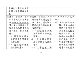 20
易辦法，由中央主管
機關會商有關機關定
之。
第九條 前條第三項新
設或變更之固定污染
源 供 抵 換 污 染 物 增
量、第四項既存之固
定污染源抵換之排放
量，應自下列來源取
得：
一、 固 定 污 染 源 依
規定保留之實際削
減量差額。
二、 交 易 或 拍 賣 取
得之排放量。
第九條 前條第三項新
設或變更之固定污染
源，應自下列來源取
得供抵換污染物增量
之排放量：
一、 固 定 污 染 源 依
規定保留之差額排
放量。
二、 主 管 機 關 保 留
經拍賣釋出之排放
量。
三、 改 善 交 通 工 具
一、 第 一 項 修 正 說 明
如下：
（一） 配 合 修 正 條 文
第八條第四項增
訂既存固定污染
源無法達成指定
削減目標者，應
取得抵換之排放
量之規定，爰於
序文增訂其應取
得供抵換污染物
增量之排放量來
行
政
院
行
政
院
第
3580次
院
會
會
議
DC991CAD4AC0FD1A
 