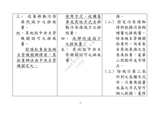 21
三、 改 善 移 動 污 染
源 所 減 少 之 排 放
量。
四、其他經中央主管
機 關 認 可 之 排 放
量。
前項拍賣由各級
主管機關辦理者，其
拍賣辦法由中央主管
機關定之。
使用方式、收購舊
車或其他方式自移
動污染源減少之排
放量。
四、 洗 掃 街 道 減 少
之排放量。
五、 其 他 經 中 央 主
管機關認可之排放
量。
源。
（二） 固 定 污 染 源 取
得供抵換污染物
增量之排放量，
除各級主管機關
拍賣外，尚有來
自其他來源之交
易及拍賣，爰第
二款酌作文字修
正。
（三） 除 現 行 第 三 款
所列之各種方式
外，只要具減量
效益之方式皆可
納入抵換，爰修
行
政
院
行
政
院
第
3580次
院
會
會
議
DC991CAD4AC0FD1A
 