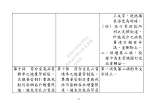 22
正文字，使抵換
來源更為明確。
（四） 現 行 第 四 款 所
列之洗掃街道，
所能減少之排放
量 核 計 頗 有 爭
議，爰刪除之。
二、 新 增 第 二 項 ， 授
權中央主管機關訂定
拍賣辦法。
第十條 符合空氣品質
標準之總量管制區，
其總量管制計畫應包
括污染物容許增量限
值、避免空氣品質惡
第十條 符合空氣品質
標準之總量管制區，
其總量管制計畫應包
括污染物容許增量限
值、避免空氣品質惡
第一項及第二項酌作文
字修正。行
政
院
行
政
院
第
3580次
院
會
會
議
DC991CAD4AC0FD1A
 