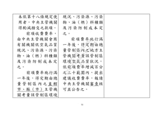 34
未依第十八條規定使
用者，中央主管機關
得酌減撥交之款項。
前項收費費率，
由中央主管機關會商
有關機關依空氣品質
現況、污染源、污染
物、油（燃）料種類
及 污 染 防 制 成 本 定
之。
前項費率施行滿
一年後，得定期由總
量 管 制 區 內 之 直 轄
市、縣（巿）主管機
關考量該管制區環境
現況、污染源、污染
物、油（燃）料種類
及 污 染 防 制 成 本 定
之。
前項費率施行滿
一年後，得定期由總
量管制區內之地方主
管機關考量該管制區
環境空氣品質狀況，
依前項費率增減百分
之三十範圍內，提出
建議收費費率，報請
中央主管機關審查核
可並公告之。
行
政
院
行
政
院
第
3580次
院
會
會
議
DC991CAD4AC0FD1A
 
