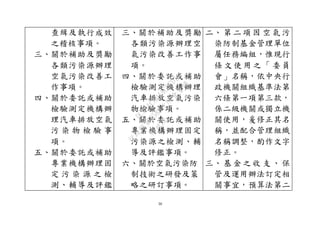 36
查緝及執行成效
之稽核事項。
三、關於補助及獎勵
各類污染源辦理
空氣污染改善工
作事項。
四、關於委託或補助
檢驗測定機構辦
理汽車排放空氣
污 染 物 檢 驗 事
項。
五、關於委託或補助
專業機構辦理固
定 污 染 源 之 檢
測、輔導及評鑑
三、關於補助及獎勵
各類污染源辦理空
氣污染改善工作事
項。
四、關於委託或補助
檢驗測定機構辦理
汽車排放空氣污染
物檢驗事項。
五、關於委託或補助
專業機構辦理固定
污染源之檢測、輔
導及評鑑事項。
六、關於空氣污染防
制技術之研發及策
略之研訂事項。
二、 第 二 項 因 空 氣 污
染防制基金管理單位
屬任務編組，惟現行
條 文 使 用 之 「 委員
會」名稱，依中央行
政機關組織基準法第
六條第一項第三款，
係二級機關或獨立機
關使用，爰修正其名
稱，並配合管理組織
名稱調整，酌作文字
修正。
三、 基 金 之 收 支 、 保
管及運用辦法訂定相
關事宜，預算法第二
行
政
院
行
政
院
第
3580次
院
會
會
議
DC991CAD4AC0FD1A
 