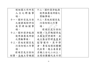 38
制相關工作所需
人 力 之 聘 僱 事
項。
十一、關於空氣污染
之健康風險評估
及 管 理 相 關 事
項。
十二、關於潔淨能源
使用推廣及研發
之獎勵事項。
十三、其他有關空氣
污染防制工作事
項。
前項空氣污染防
制費，各級主管機關
十二、關於潔淨能源
使用推廣及研發之
獎勵事項。
十三、其他有關空氣
污染防制工作事
項。
前項空氣污染防
制費，主管機關得成
立基金管理運用，並
成立基金管理委員會
監 督 運 作 ， 其 中 學
者、專家及環保團體
代表等，應占委員會
名額三分之二以上，
且環保團體代表不得
行
政
院
行
政
院
第
3580次
院
會
會
議
DC991CAD4AC0FD1A
 