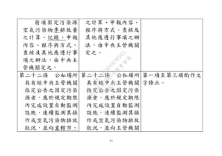 44
前項固定污染源
空氣污染物季排放量
之計算、記錄、申報
內容、程序與方式、
查核及其他應遵行事
項之辦法，由中央主
管機關定之。
之計算、申報內容、
程序與方式、查核及
其他應遵行事項之辦
法，由中央主管機關
定之。
第二十二條 公私場所
具有經中央主管機關
指定公告之固定污染
源者，應於規定期限
內完成設置自動監測
設施，連續監測其操
作或空氣污染物排放
狀況，並向直轄市、
第二十二條 公私場所
具有經中央主管機關
指定公告之固定污染
源者，應於規定期限
內完成設置自動監測
設施，連續監測其操
作或空氣污染物排放
狀況，並向主管機關
第一項至第三項酌作文
字修正。
行
政
院
行
政
院
第
3580次
院
會
會
議
DC991CAD4AC0FD1A
 